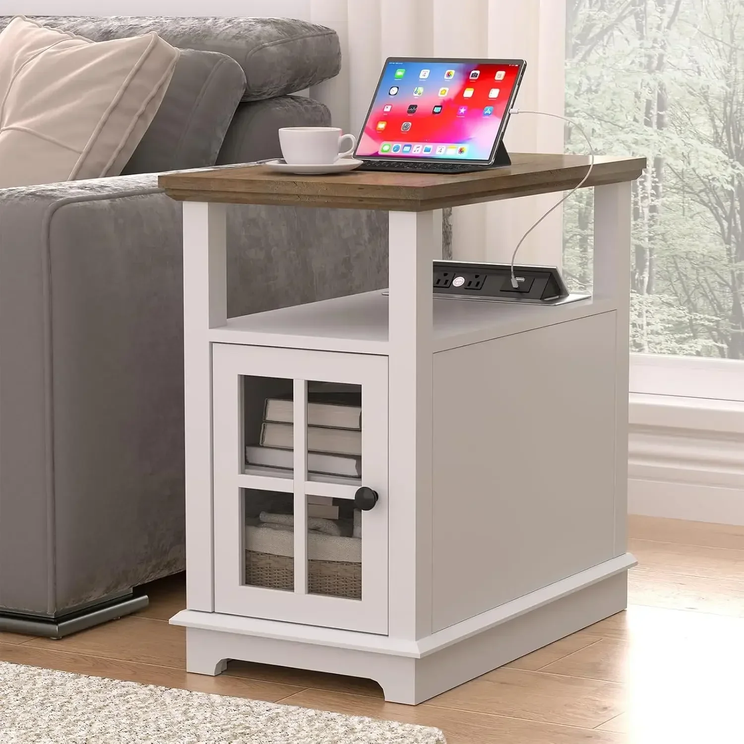 Narrow End Table with Flip Top Charging Station, Storage Side Table, Type-C & USB Port & Adjustable Shelf, White Nightstand for