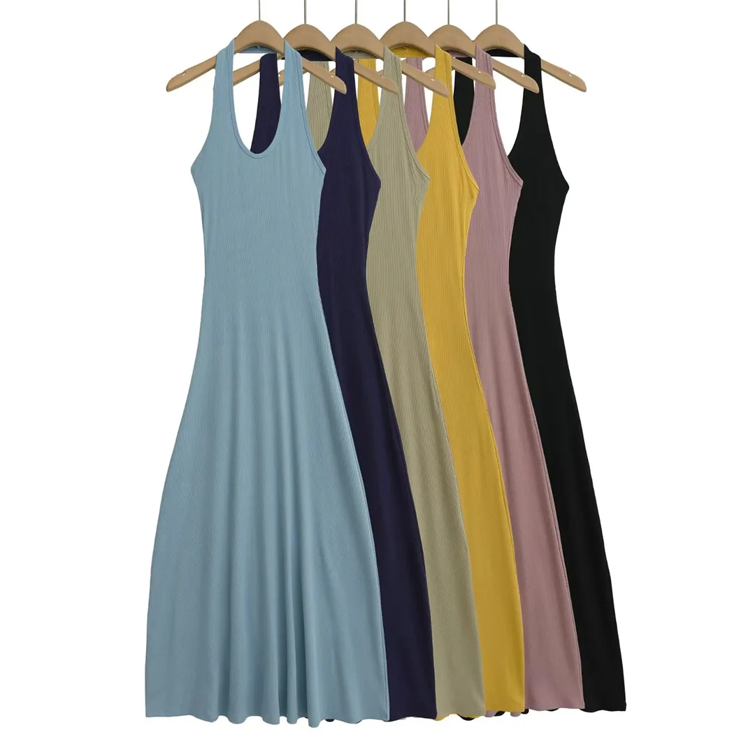 Vestido largo con cuello halter y cuello en V acanalado para mujer