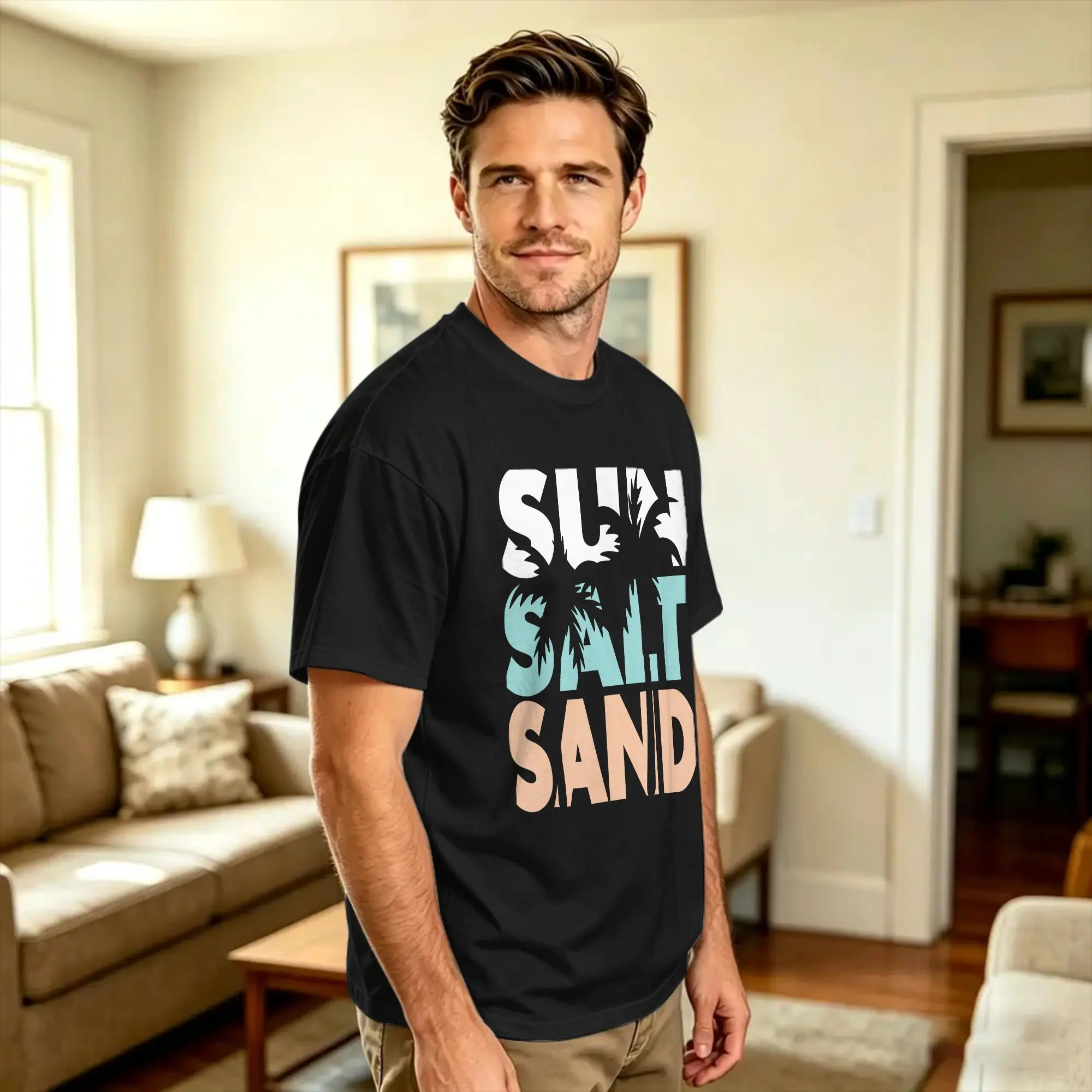 Sun Salt Sand Funny Summer Beach Vacation Palm Tree Beach  Cotton T Shirt For Men Summer  Vintage T Shirts Harajuku Tee Shirt