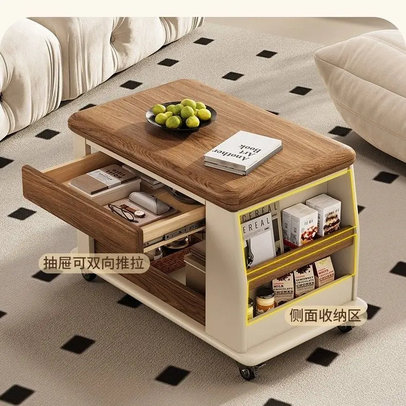 Solid wood trolley storage coffee table small apartment bedroom living room balcony mobile roller simple coffee table small