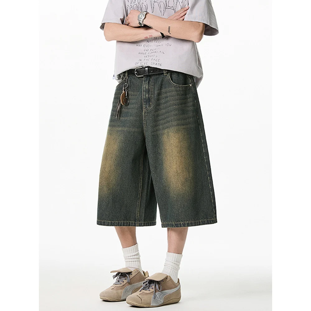 

Men’s Washed Denim Shorts Loose Fit Vintage Street Style Knee Length Casual Shorts 2026 New
