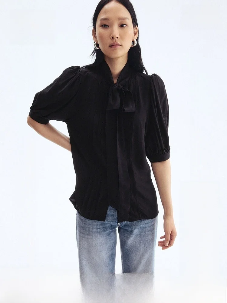 

H&M Summer Women's Shirt Pleated Fabric Bow Tie Neckline Short Sleeve Casual Style Viscose Fiber 1304750