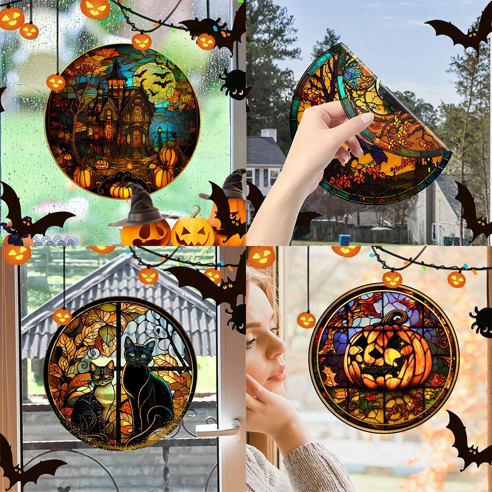 Halloween Castle Pumpkin Window Sticker Bat Skull Skeleton Sticker Halloween Glass Wall Window Decoration