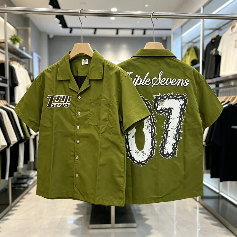 

Green Triple Sevens Inseide Splice Black Shirts Chest Embroidery Label T-shirt Men Women Back 07 Digit Short Sleeve Loose Shirt