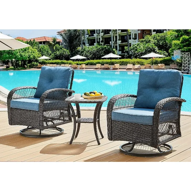 3 Pieces Patio Furniture Set, Outdoor Swivel Wicker Set with Rattan Rocking Chair, Glass Top Side Table and Thickened Cushions