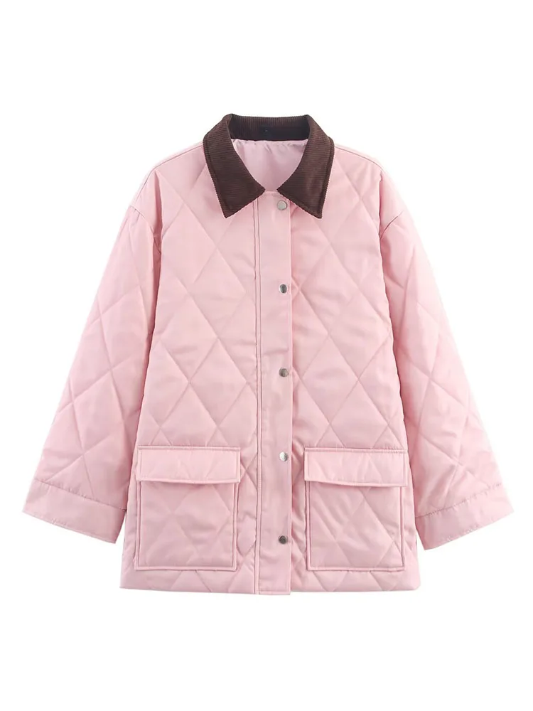 

HH Women Autumn High-Dense Thickened Nylon Corduroy Collar Diamond Quilted Jacket Female Winter Vintage Pocket Thermal Coat