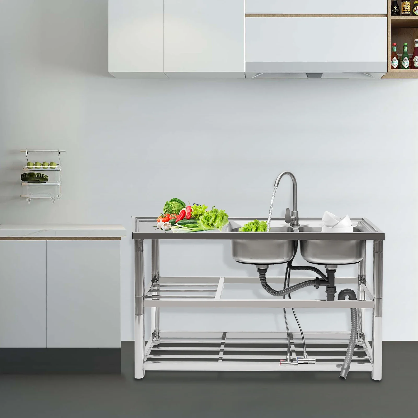 Modern Rectangular 304 Stainless Steel Freestanding Kitchen Sink 120x44.5x80cm with Rotatable Faucet