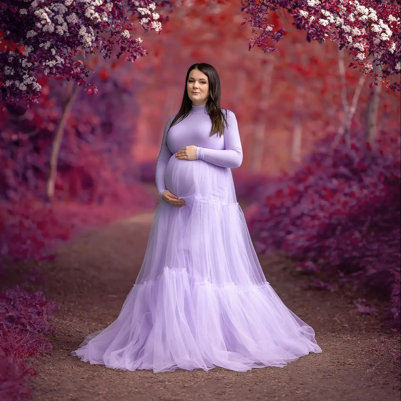

Illusion Light Purple Maternity Dresses Sweet Princess High Neck Long Sleeves Baby Shower Customized Ruched For Pregnant Gowns