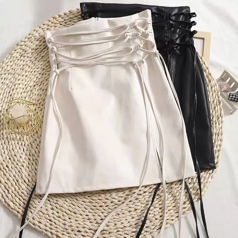 Gothic Pencil Skirt Woman Pu Hippie Mini Leather Punk Lace Up 2023 New High Waisted Sexy Club Beige Black Y2k Skirts Women