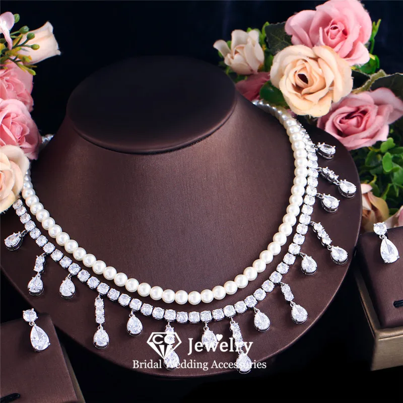 CC Elegant Stud Earrings Necklace Sets for Women Wedding Accessories Bridal Dress Engagement Imitation Pearl Jewelry Set T0313