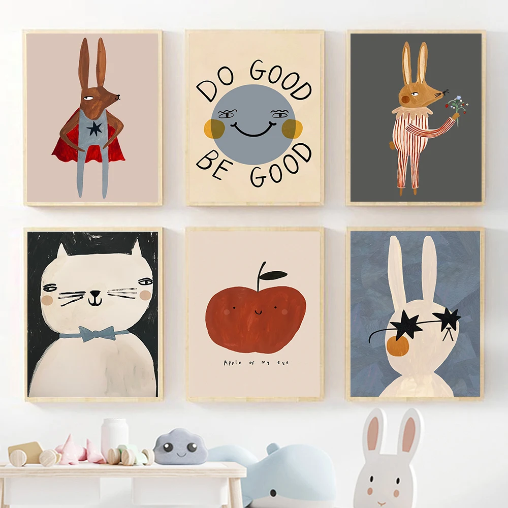 

Funny Cartoon Rabbit Bear Animal Wall Art Canvas Painting Nordic Quotes Posters Prints Nursery Pictures Baby Kids Room Decor