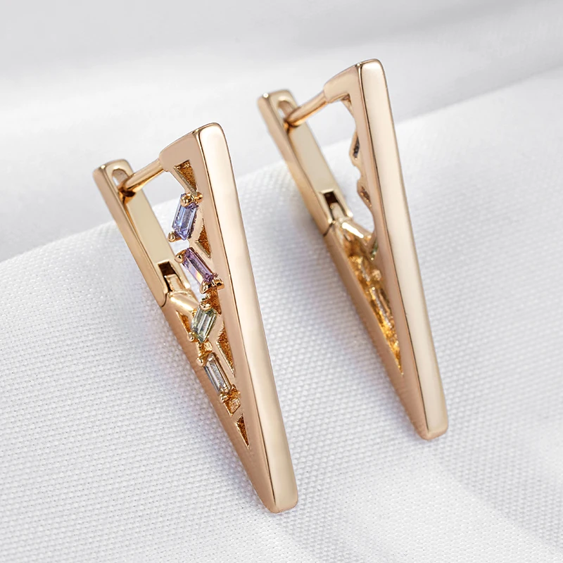 Wbmqda Fashion V Shape Drop Earrings For Women 585 Rose Gold Color With Colorful Natural Zircon Holiday Party Fine Jewelry Gift