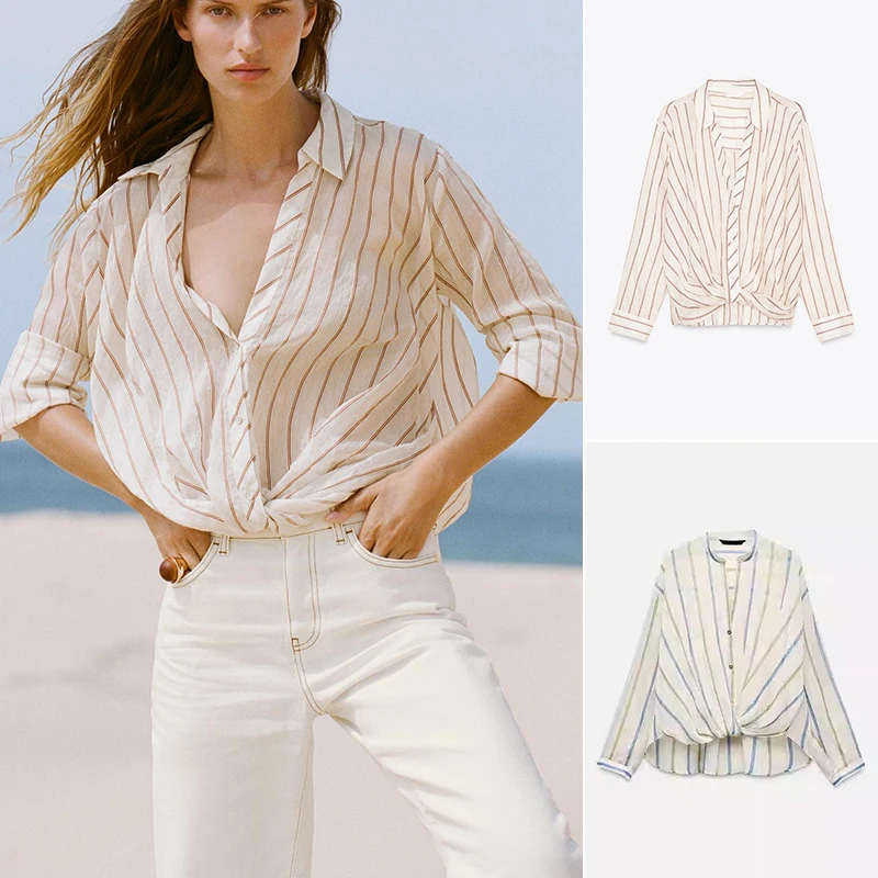 

Spring Summer New Women's irt V-Ne Tie Striped Long Sve Collar Loose Fit Polyester Casual Busin Office Wear