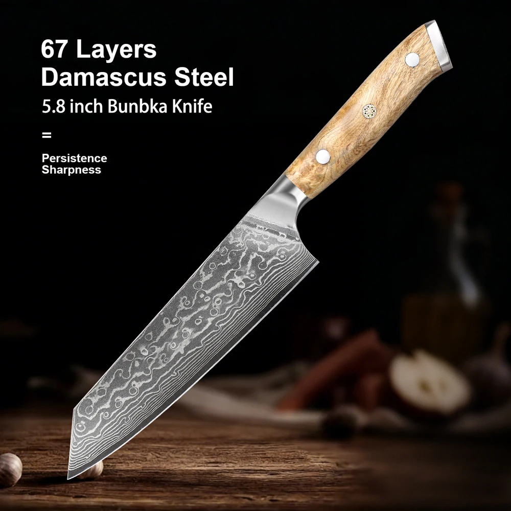 5.8 inch Damascus Steel Chef Knife Japanese Kitchen Bunka knife 67 Layer Super Steel Burl Wood Handle Peeling CutterGift Box