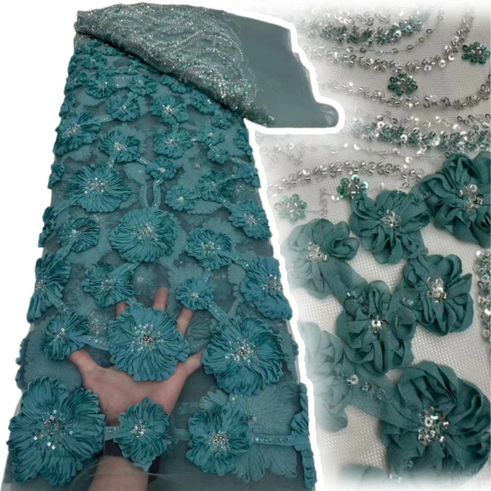 

2026 Luxury 5 Yards High Quality French Heavy Net Sequin Fabric Beaded 3D Lace African Nigerian for Wedding Fabric 1916