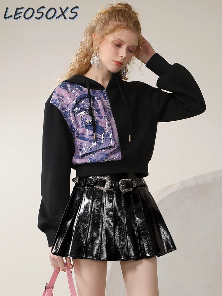 

2024 Early Spring New Modern Sweet Cool Belt High Waist Pantskirt Glossy Pleated Leather Skirt Women Casual Above Knee Skirts