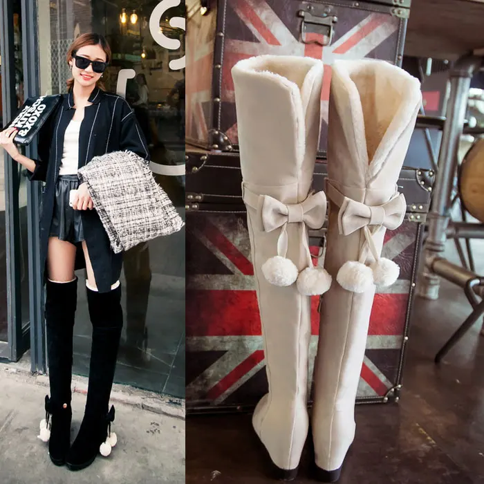 2024 autumn winter women over-the-knee boots plus size 22-26.5cm flock upper plush butterfly knot long boots women shoes