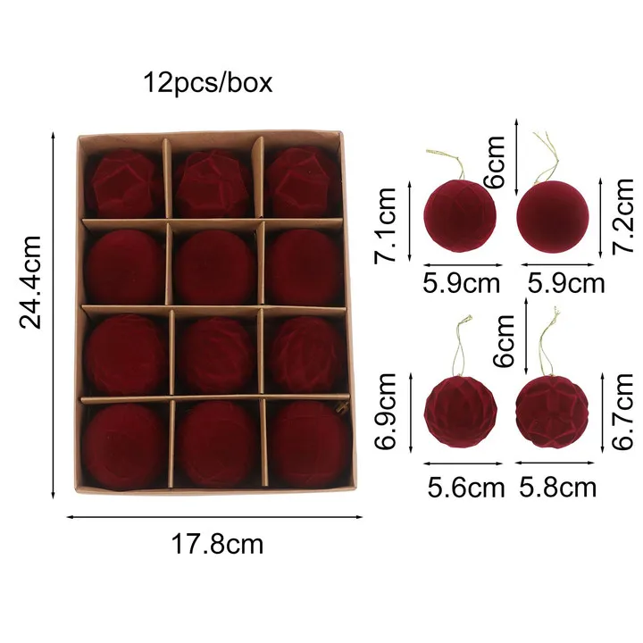 For DIY Holiday Tree Decoration Set of 12 Burgundy Velvet Flocked Christmas Ball Ornaments with Soft Fabric and European Style