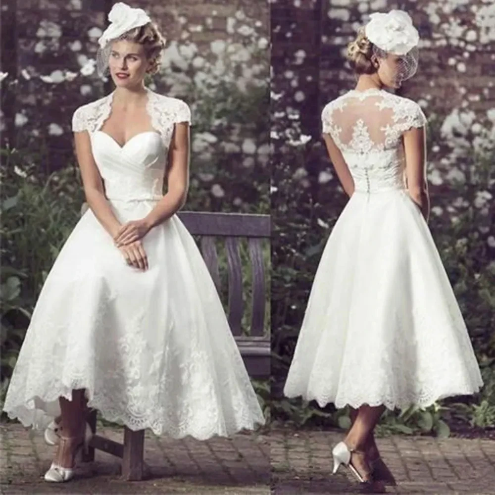 

Customized Vintage Ivory Wedding Dress A Line Midi Length Strapless Bridal Gown With Short Lace Jacket Appliques Satin Vestido