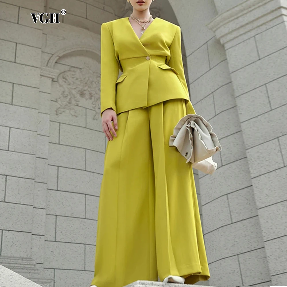 

VGH Chic Solid Two Piece Set For Women V Neck Long Sleeve Patchwork Button Caots High Waist Wide Leg Pants Slimming Sets Female