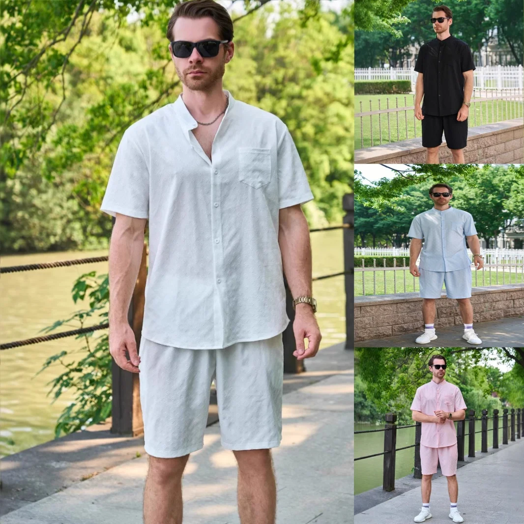 Men's Sporty Street Jacquard Suit Summer Casual Versatile Stand-Up Collar Pocket Shirt Loose Top Cardigan