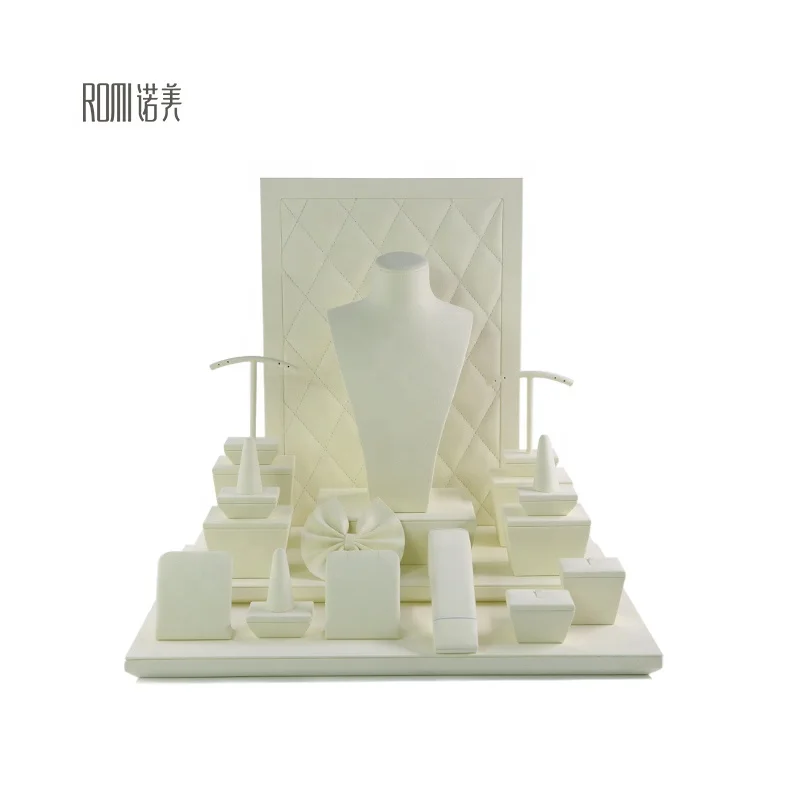 

Custom. Romi White Suede Jewellery Showcase Window Display Velvet Jewelry Counter Display Stand Set