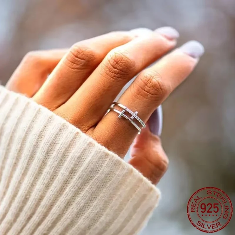 Bamoer U Double Cross Moissanite Ring Stacking Band Ring D Color VVS1 Lab Diamond for Woman Original Wedding Faith Love Gift - Image 2