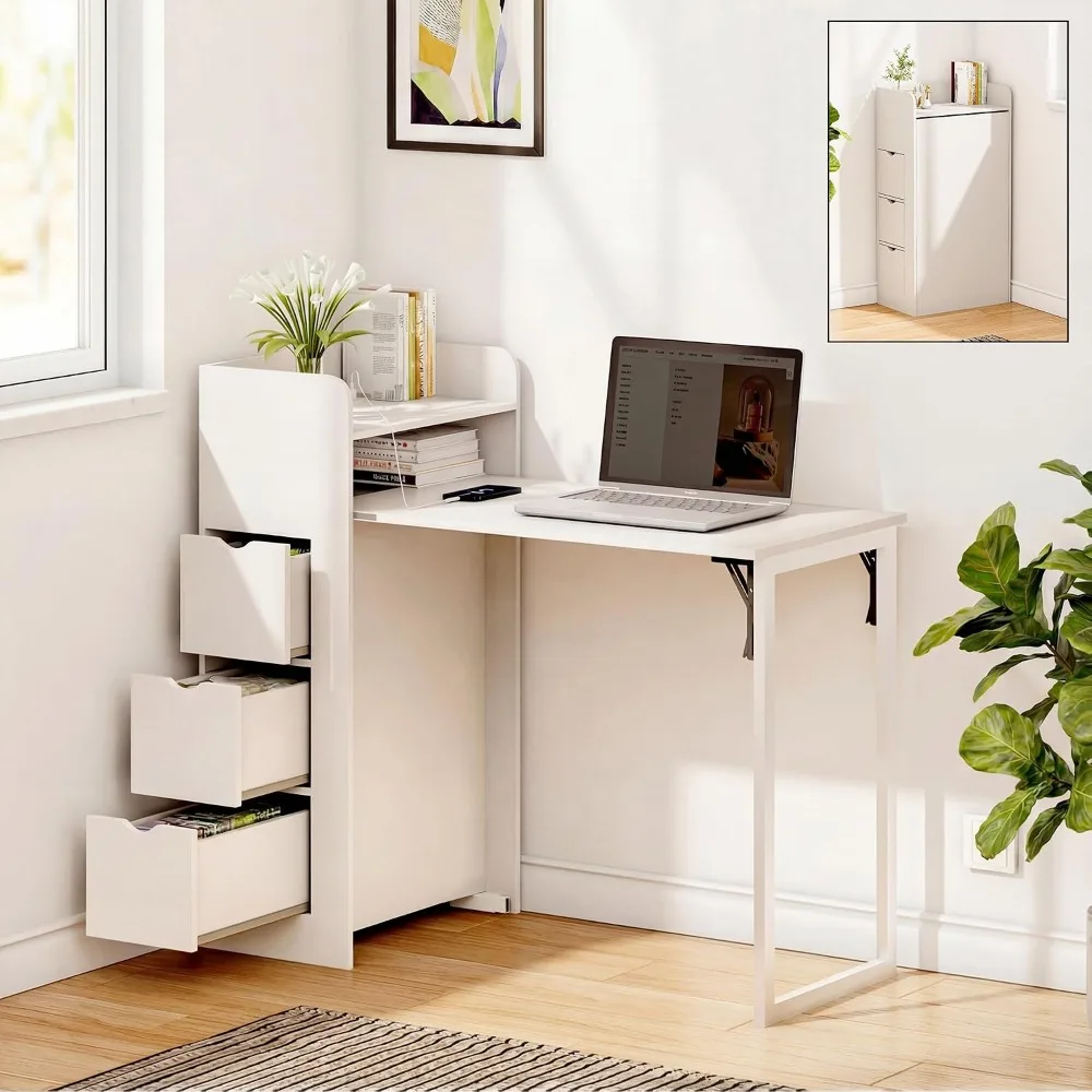 Wall Mounted Foldable Desk, Space Saving Hidden Desk with Storage & Power Outlet, Fold Out Table for Small Spaces, Home Office