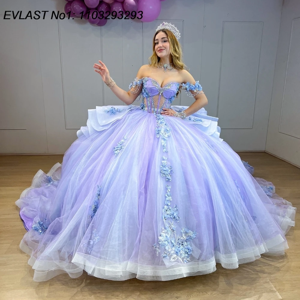 

EVLAST Customized 2025 Lilac Ball Gown Quinceanera Dress Lace Applique Crystal Beaded Bow Sweet 16 Vestidos De 15 Anos E1Q641