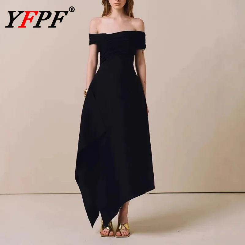 

YFPF Elegant Slash Neck Long Dress Women Solid Color Backless Design High Waist Folds Irregular Dresses Fashion 2026 New