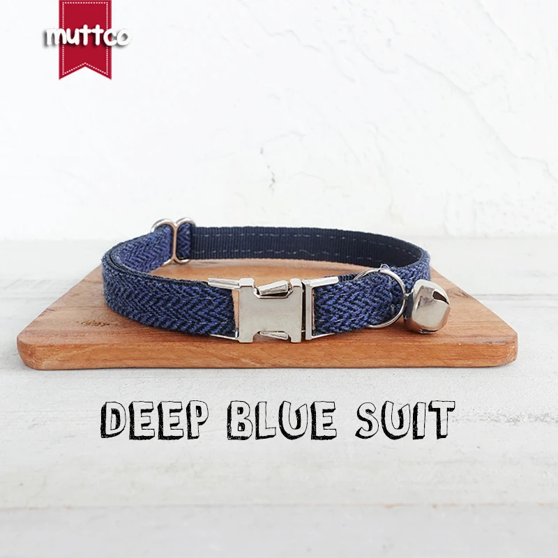 MUTTCO retailing personalization DEEP BLUE SUIT fabric of the double is soft comfortable handmade cat collar  2 sizes UCC140