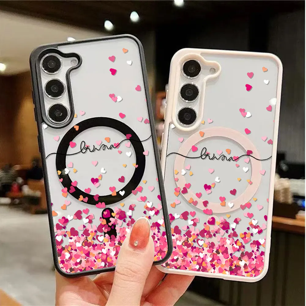 Pink Heart Print Phone Case For Samsung Galaxy S26 Edge S25 S24 S23 S22 Ultra Plus FE 5G Magnetic Wireless Charging Back Cover