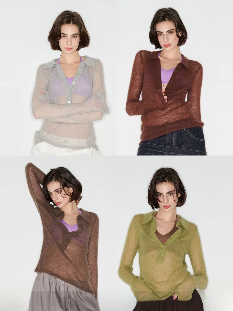 

Женский модный топ-свитер из шерстяной смеси Museum Naps с длинным рукавом, вязаный, повседневный, приталенный, с V-образным вырезом, в четырех цветах