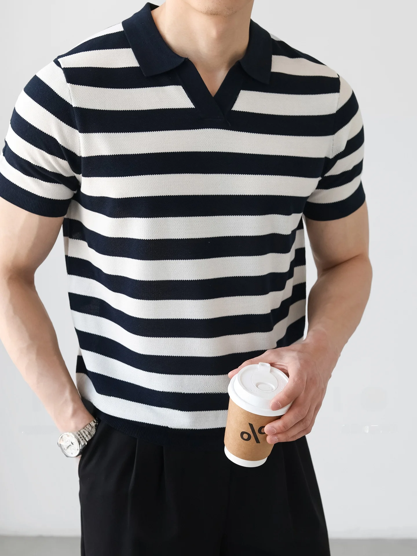 Men's Knitted  Shirt 16 Needle Mixture of Lyocell Summer Commute Breathable Striped Sea Soul Knitwear Standard Fit Short ...