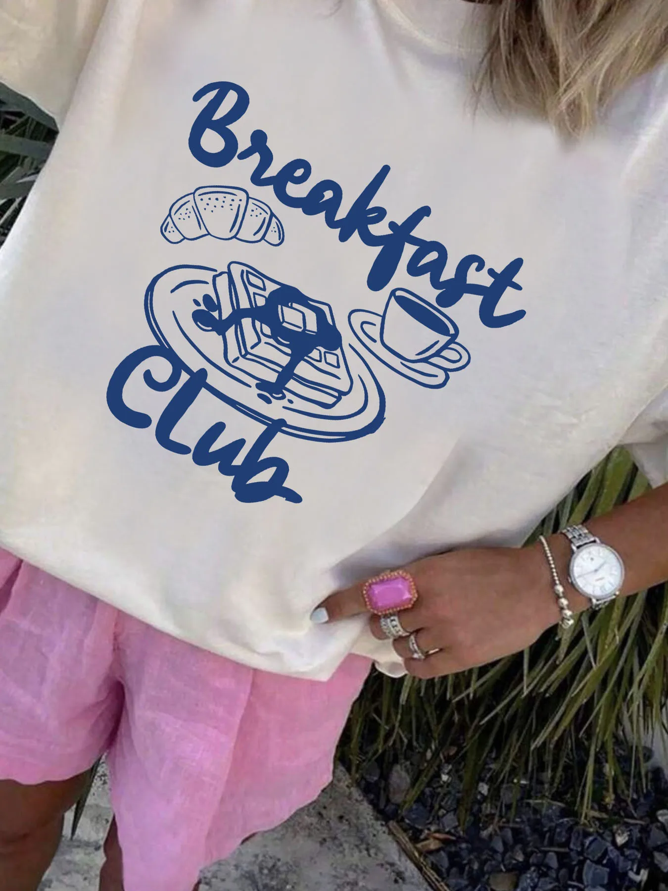 

Bread coffee Plus size women's round neck short sleeve T-shirt with elastic half sleeves and trendy prints