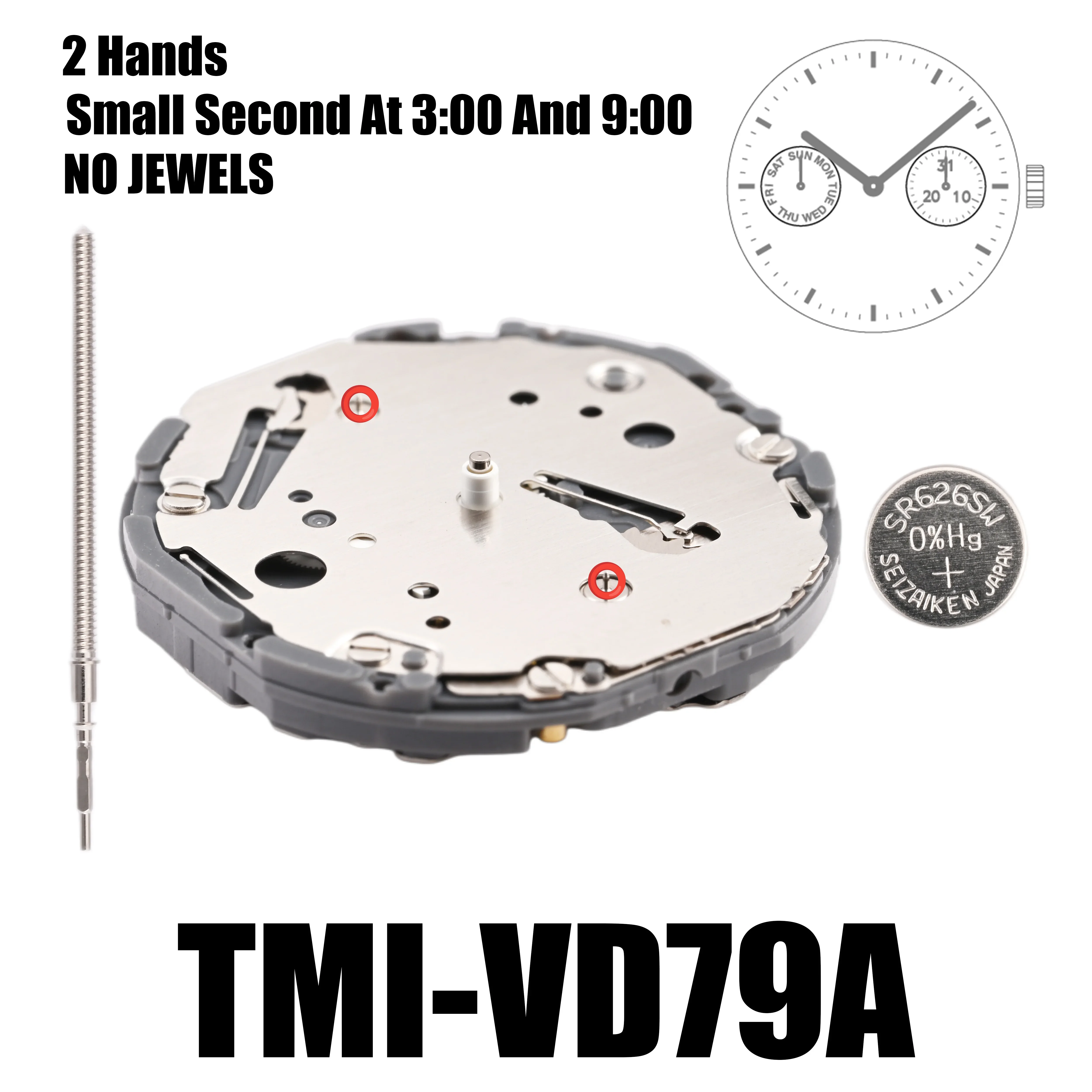 VD79 Movement Tmi VD79 Movement 2 Hands Multi-eye Movement Multi-eye (day, date, 24 hr, small sec) Size: 10 ½‴  Height: 3.45mm