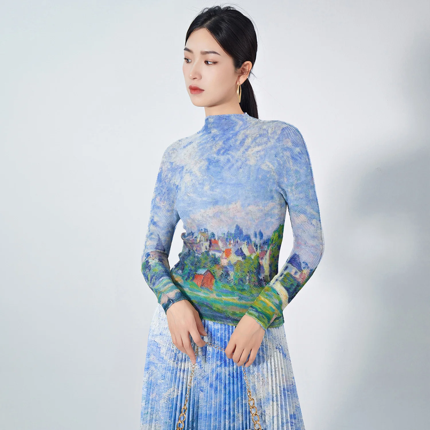 Pleated Unique Women Two Piece Set Casual Elegant Ankle Length Maxi Skirt and Top Printed Stretch Polyester Fabric Spring Summer