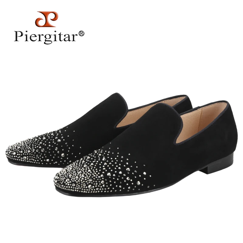 Piergitar Summer Style Sliver Rhinestones Front Toe Men's Moccasins Handmade Slip-On Loafers For Prom And Party Red Color Sole