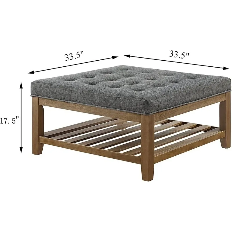 Venda quente grande quadrado tufado linho coffeetable grande apoio para os pés com prateleira de madeira maciçaGranite combina com sua estética e estilo