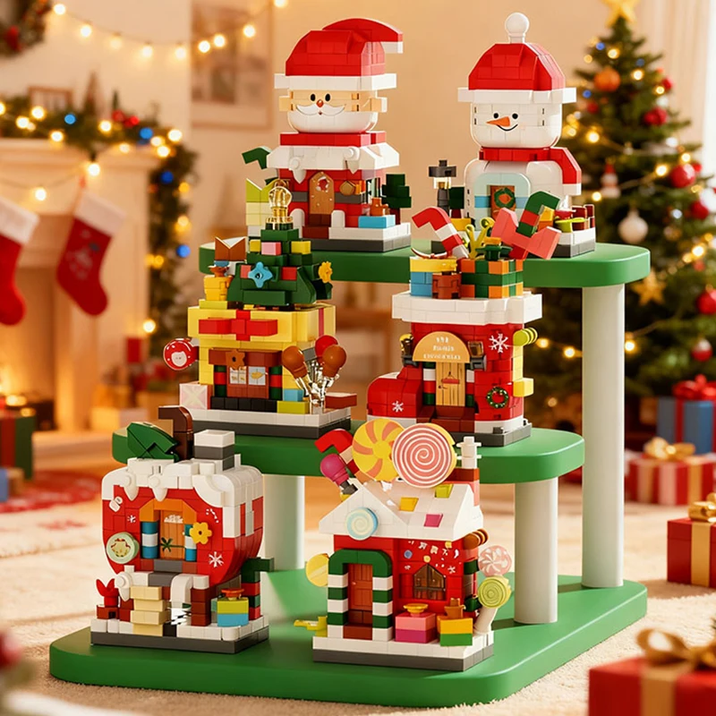 Calcetines de árbol de Papá Noel de Navidad, juego de bloques de construcción de casa de dulces de manzana, decoración para el hogar y la Oficina, juguetes de ensamblaje, regalo para niñas y niños, 2025