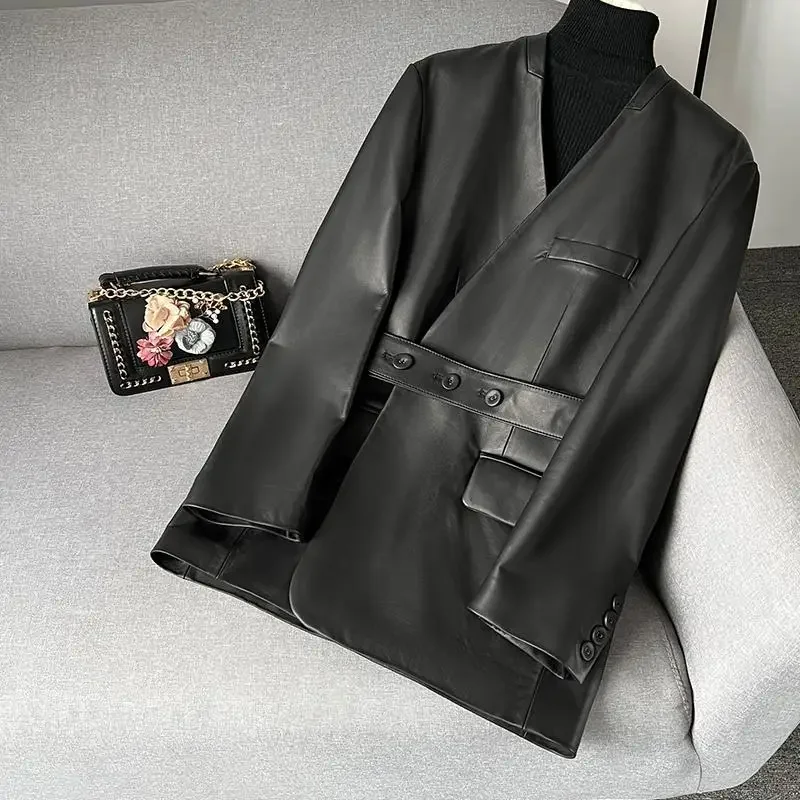 French Elegant Luxury Pu Leather V-neck Long Sleeve Slim Waist Loose Straight Female Jackets Office Ladies Blazer Coats Jackets