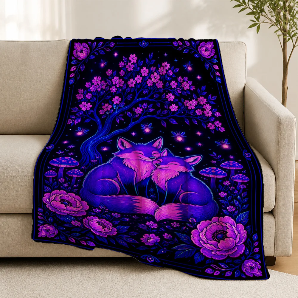 Psychedelic Cottagecore Fox Couple Throw Blanket Sofa Cover Bohemian Woodland Forest Print Boho Dark Academia Aesthetic Cozy Sea