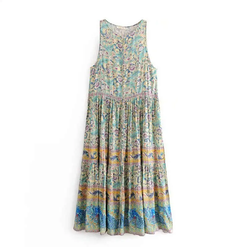 Vestido Longo Estilo Boho de Aodão com Estampa Retrô, Sem Mangas, Decote Redondo para Mulheres, Primavera, Verão, Outono