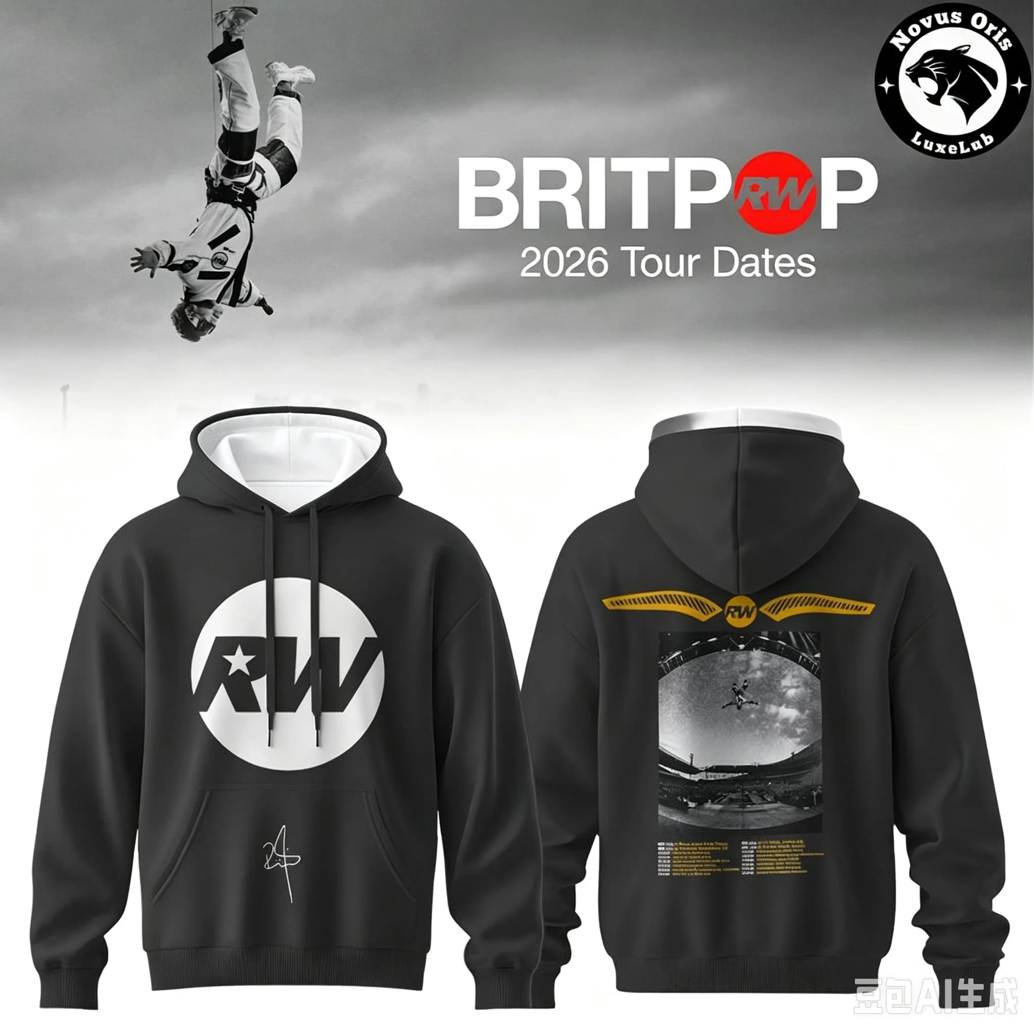 Robbie Williams Britpop 2026 World Tour Grafik-Print-Hoodie, Unisex, Pop-Rock-Pullover, Sweatshirt, Langarm, lässige Streetwear – Detail 4