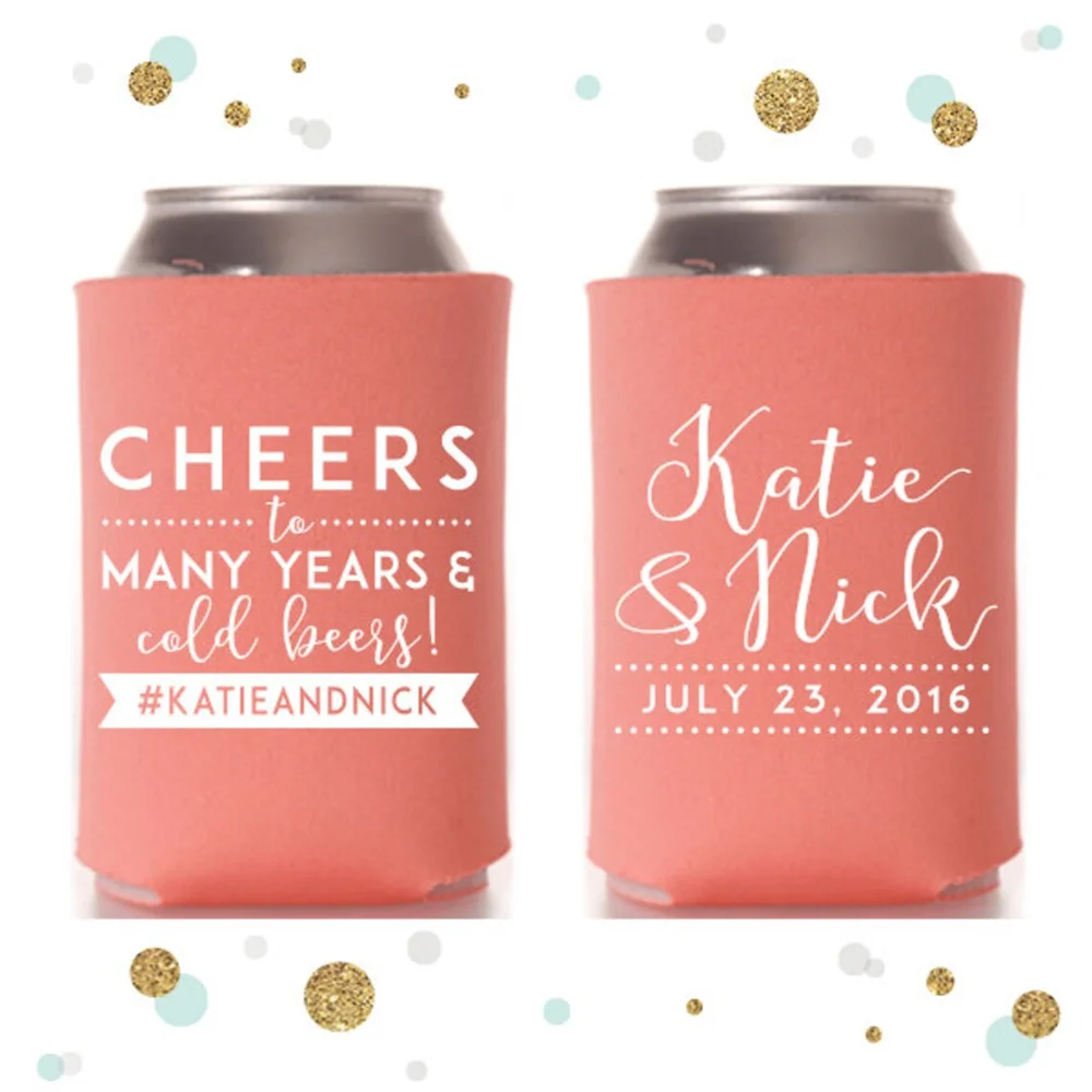 

Cheers to Many Years - Wedding Can Cooler #52R - Custom - Wedding Favors, Beverage Insulators, Beer Huggers