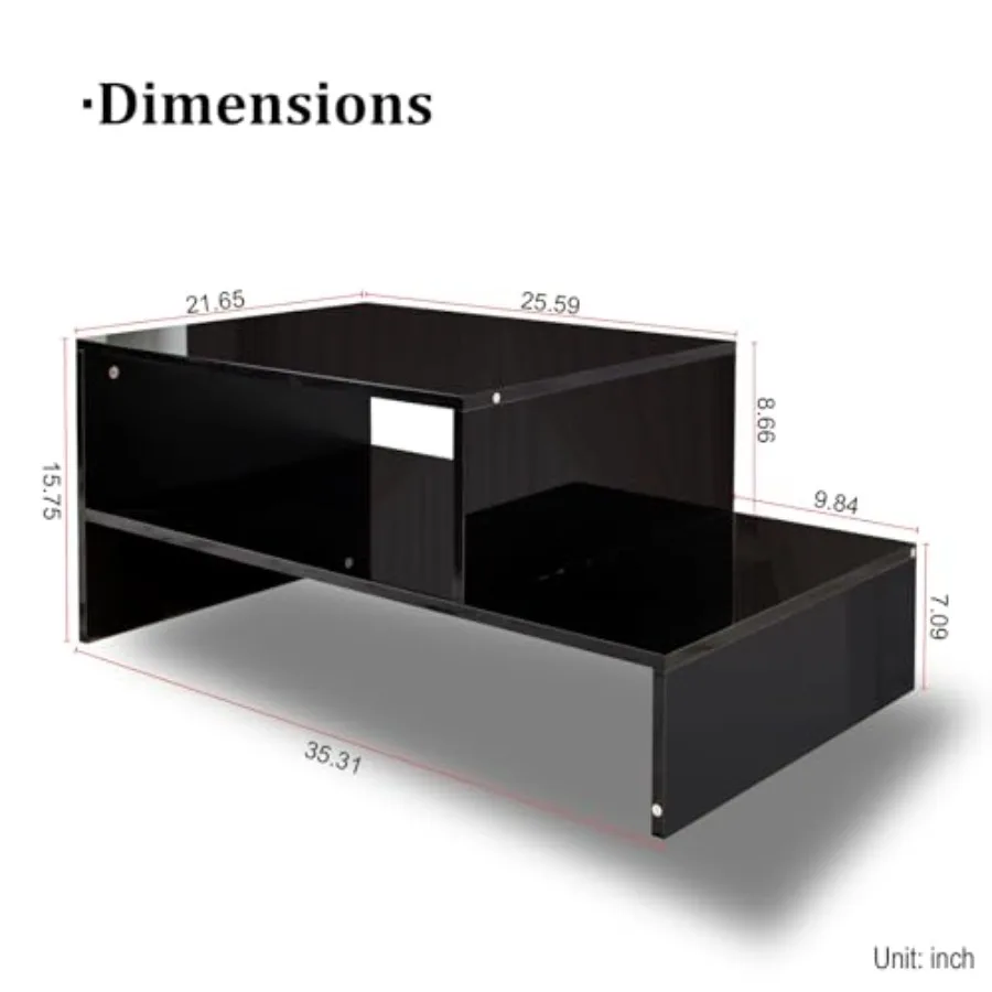 طاولة القهوة السوداء لغرفة المعيشة مع LED 35x22x16 بوصة طاولة القهوة الحد الأدنى طاولة مركزية ذكية 2 طبقة مستطيل صناعي Co