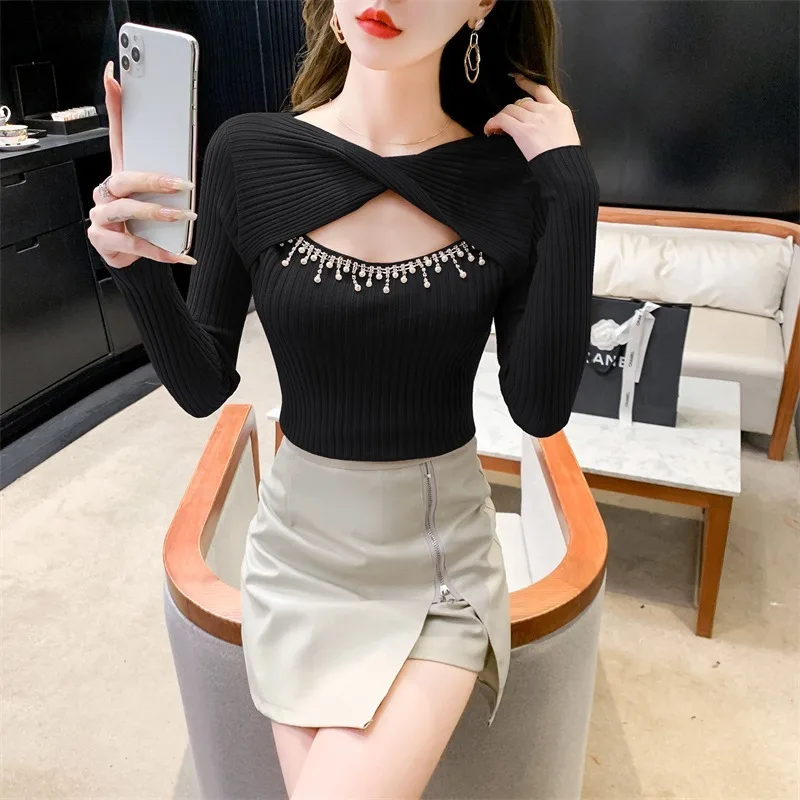 Sweater Women 2023 Spring Autumn New O-Neck Hollow Out Streetwear Solid Knitted Sweaters Slim Korean Fashion Pullovers