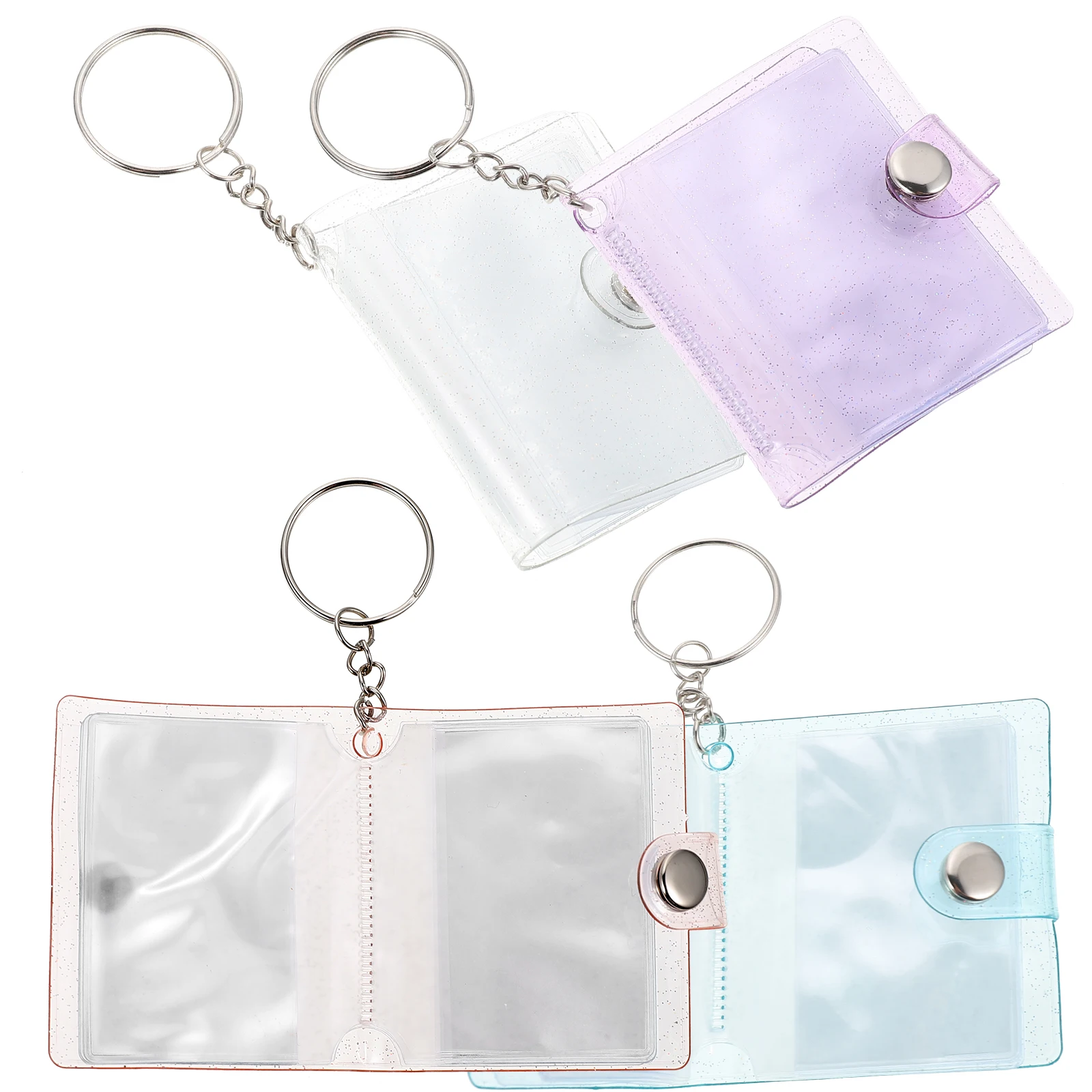 

4pcs Mini Photo Album Keychain 2 Inch Heart Hollow Reusable Travel Photo Holder Blue Pink White Clear Storage Small Card Book