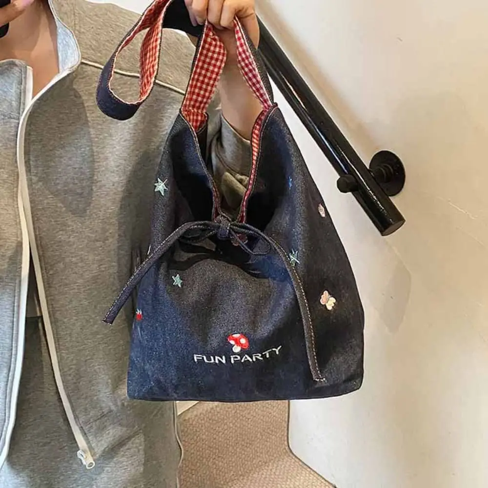 

Cloth Double Sided Plaid Bag Cartoon Dog Korean Style Denim Shoulder Bag Geometric Large Capacity Bohemian Messenger Bag Women