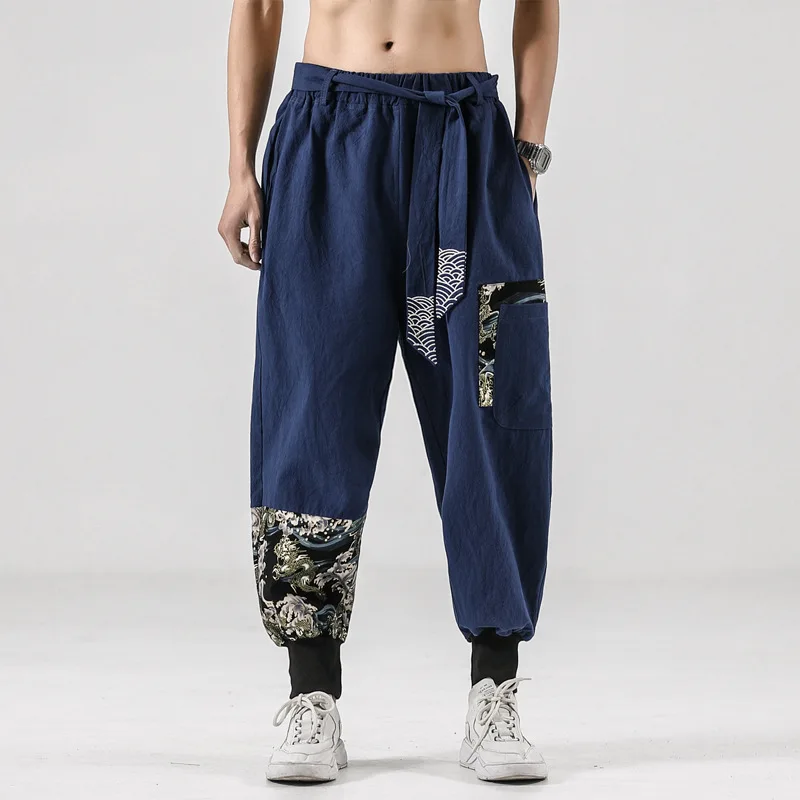 Japanese Kimono Men Cotton Linen Print Belt Retro Harem Pants Baggy Trousers Harajuku Hip Hop Sweatpants Big Size 5XL